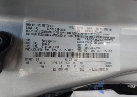 2018 Ford Focus Se из США, поврежденный, VIN 1FADP3K20JL262071